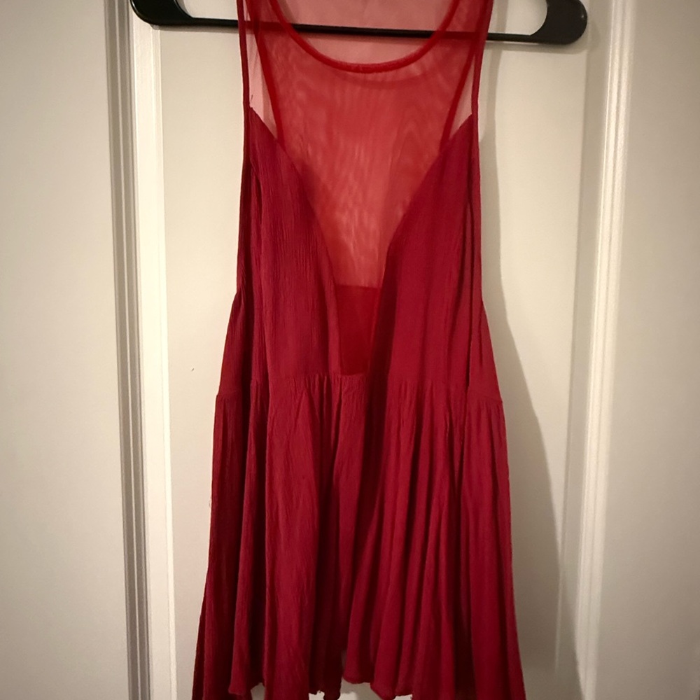 Free People Red Sleeveless Mesh Plunge Tank